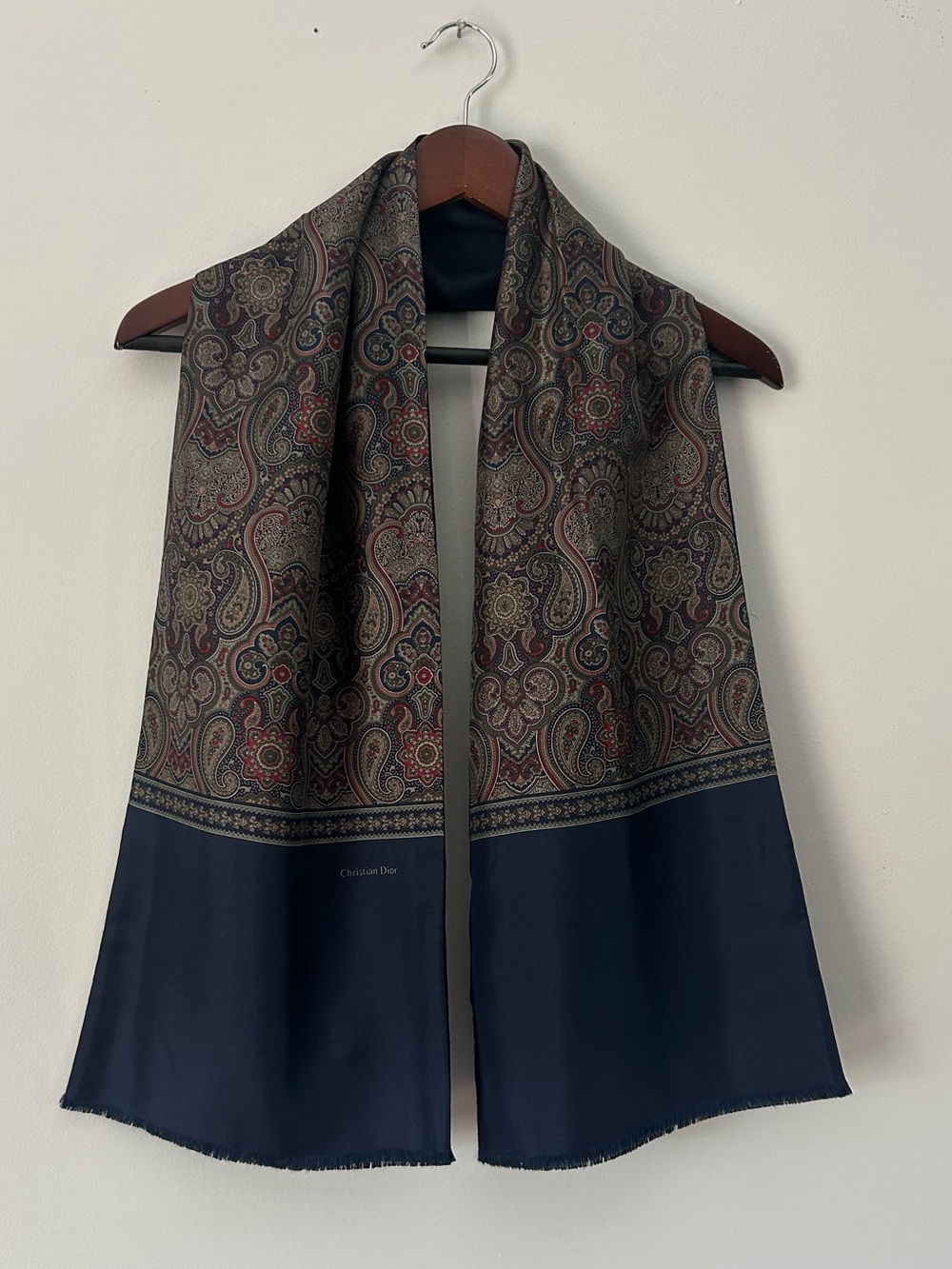 Vintage Christian Dior Silk & Wool Paisley Scarf Blue Gray Logo 10.5 Wide 56”L